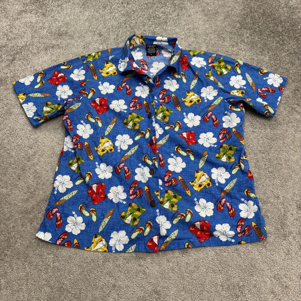 Favant Hawaiian Button Down Shirt Mens Large Blue Surfboard Hibiscus Cotton Top